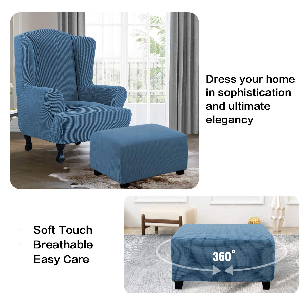 H.VERSAILTEX Ottoman Cover Slipcover Rectangle Fit Length 29'-34' Footrest Sofa Slipcovers Stool Cover Footstool Protector Covers Feature Stretch Soft Jacquard Fabric Removable Washable - Dusty Blue