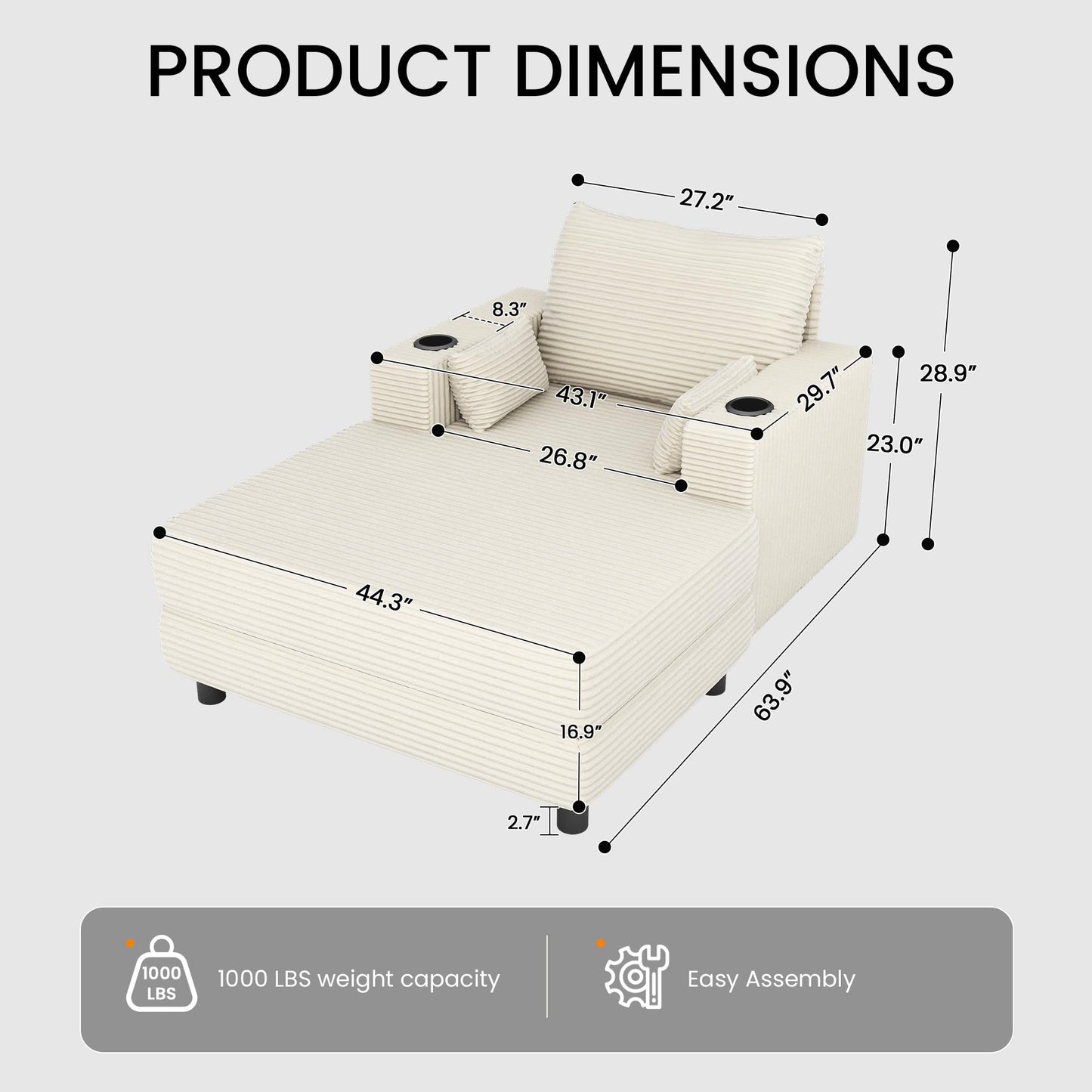 GRUSIGN 64" Chaise Lounge Chair Indoor, Oversized Sleeper Chair with Wood Frame, Corduroy Bedroom Couch, Reading Chair for Living Room, Deep Seat Sofa Bed with 2 Cup Holders