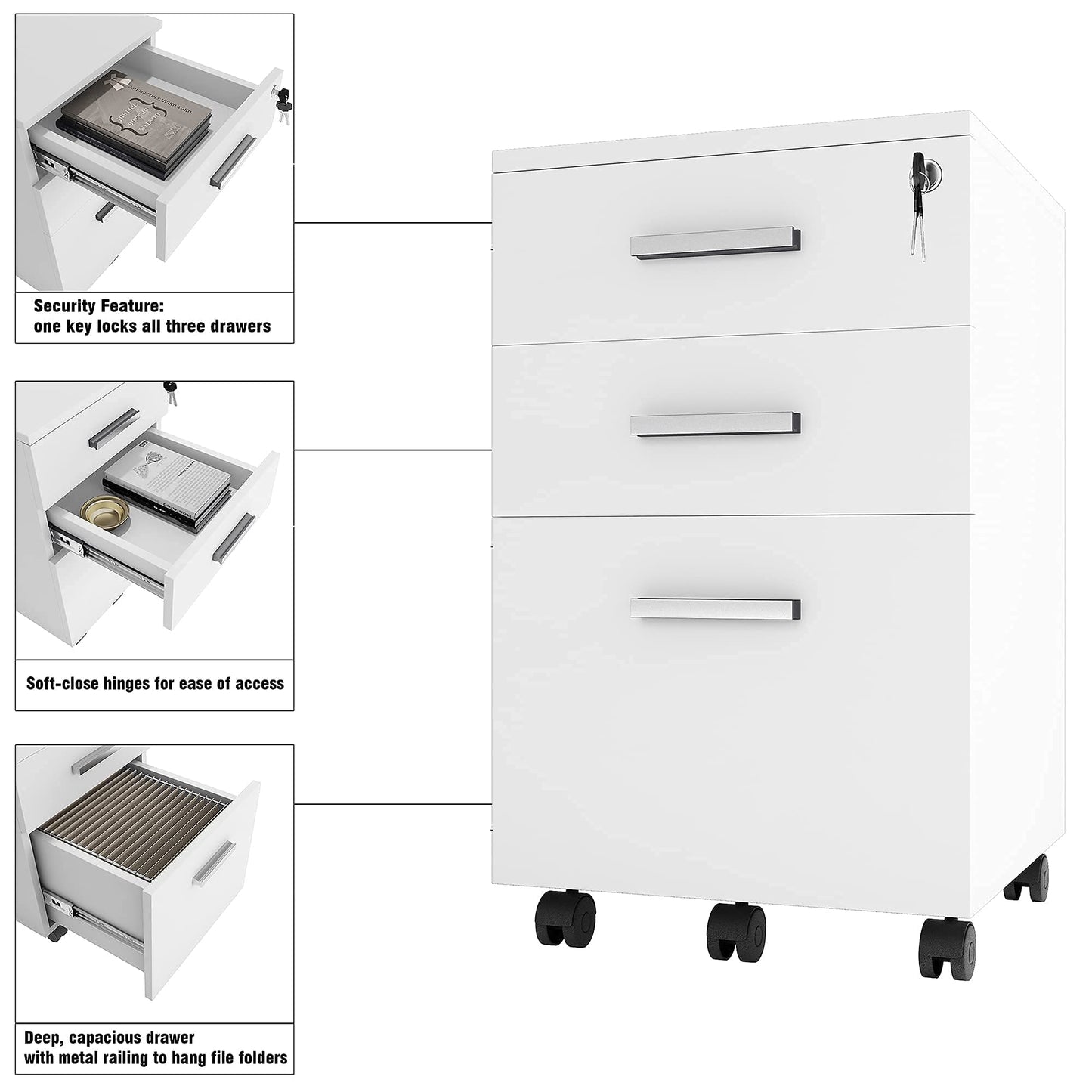 Modern Design Lazio White File Cabinet, Filing Cabinets for Home Office, Drawers for Under Desk, Locking 3 Drawer Rolling Wood File Cabinet with Lock, by Crafts and Comfort