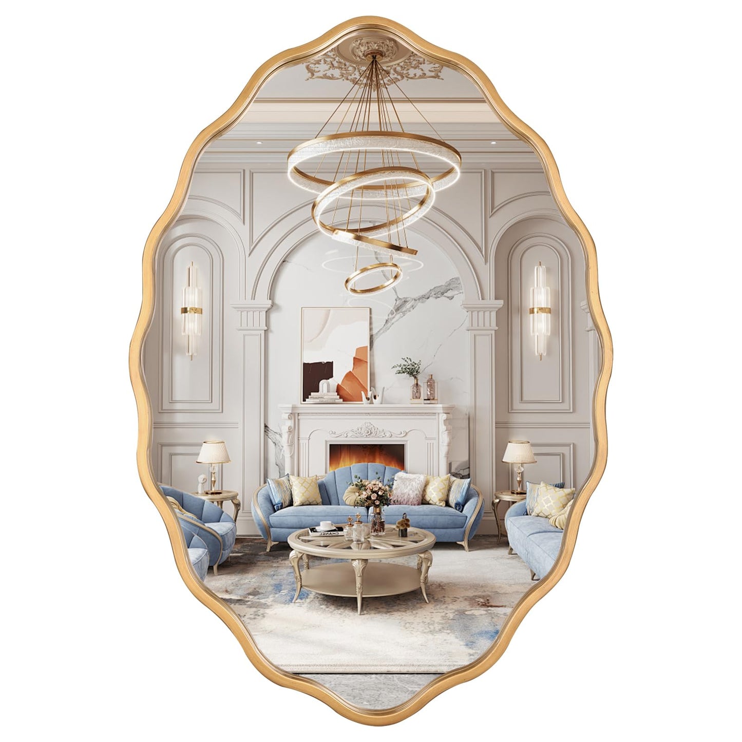 Varsoul 20 * 30 Inch Brushed Gold Oval Ripple Bathroom Mirror Wall Mounted Large Modern Countryside Suitable for Washroom, Bedroom, Living Room, Entryway