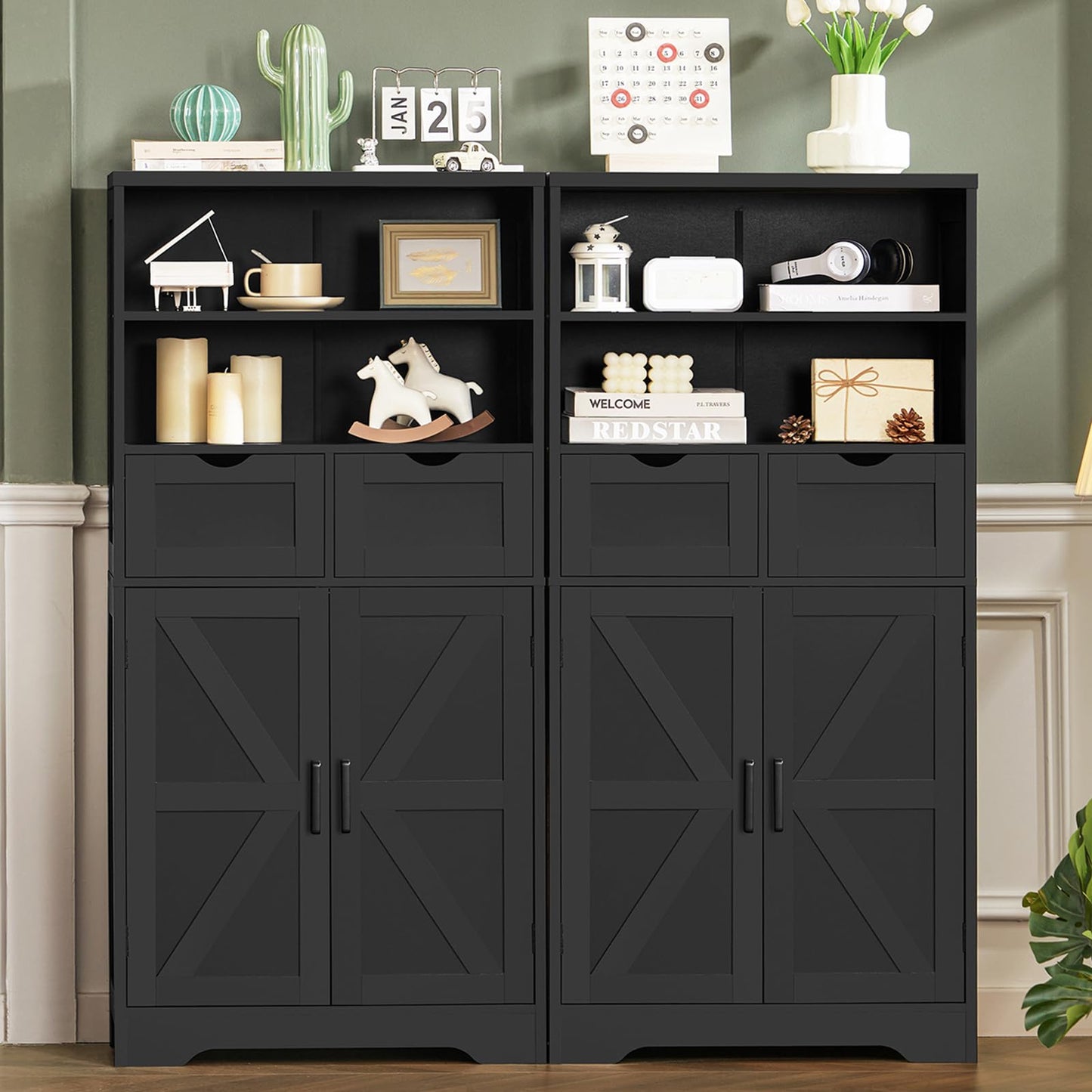 TEENFON Storage Cabinet with Doors & 2 Drawers, Kitchen Cabinet with Adjustable Shelf, Pantry Cabinets, Bathroom Cabinets, for Living Room, Entryway, Home Office, Black