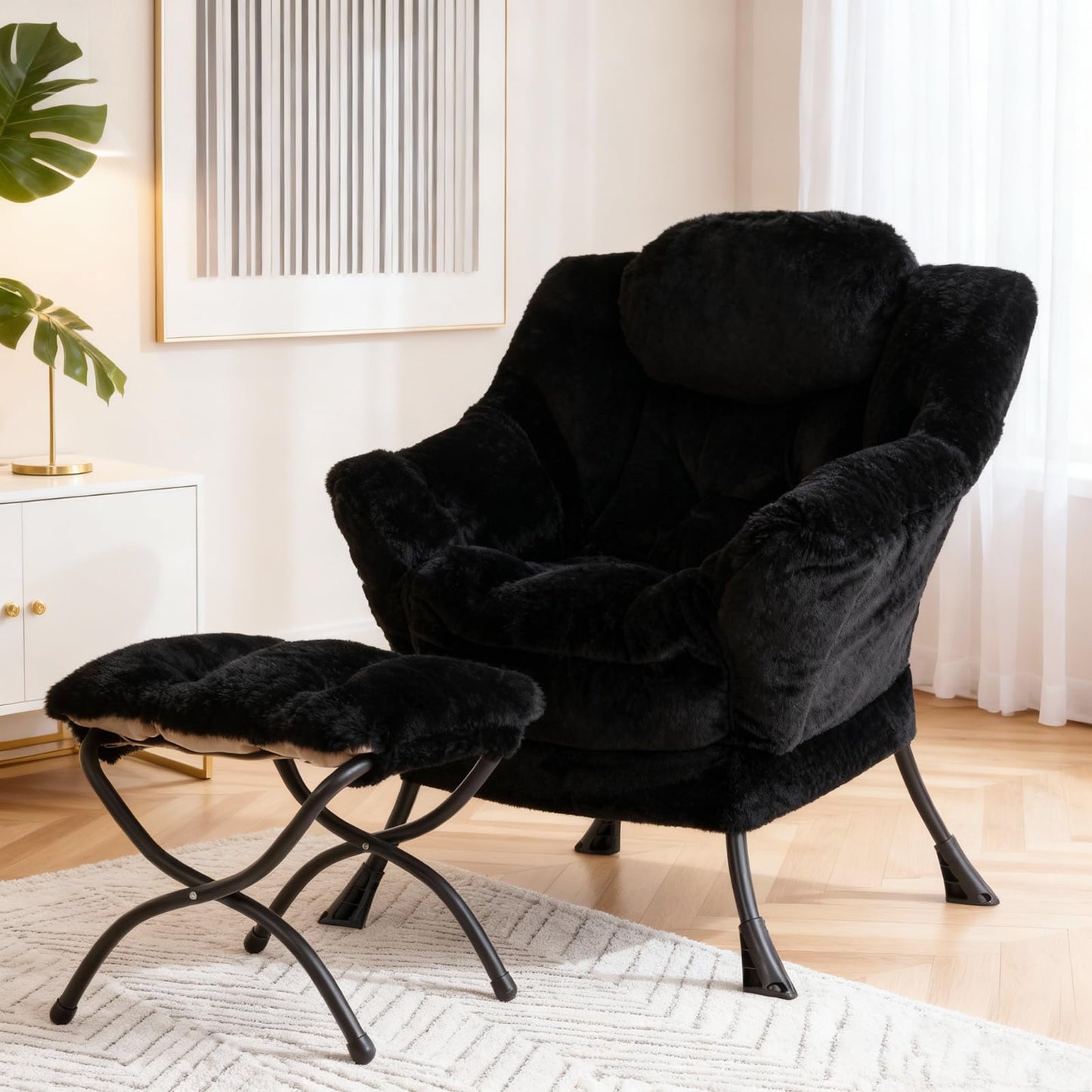 SESHINELL Lazy Chair with Ottoman, Modern Accent Chair Sofa Chair with Armrests, Reading Chair and Folding Footstool for Living Room, Bedroom, Office, Plush Black