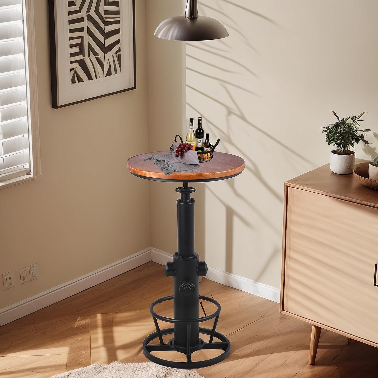 BOKKOLIK Vintage Bistro Table Height Adjustable 38.6-44.4inch Industrial Bar Table for Kitchen Dining Room Coffee House Pub Office Swivel Round Wooden Top for 2-3 People