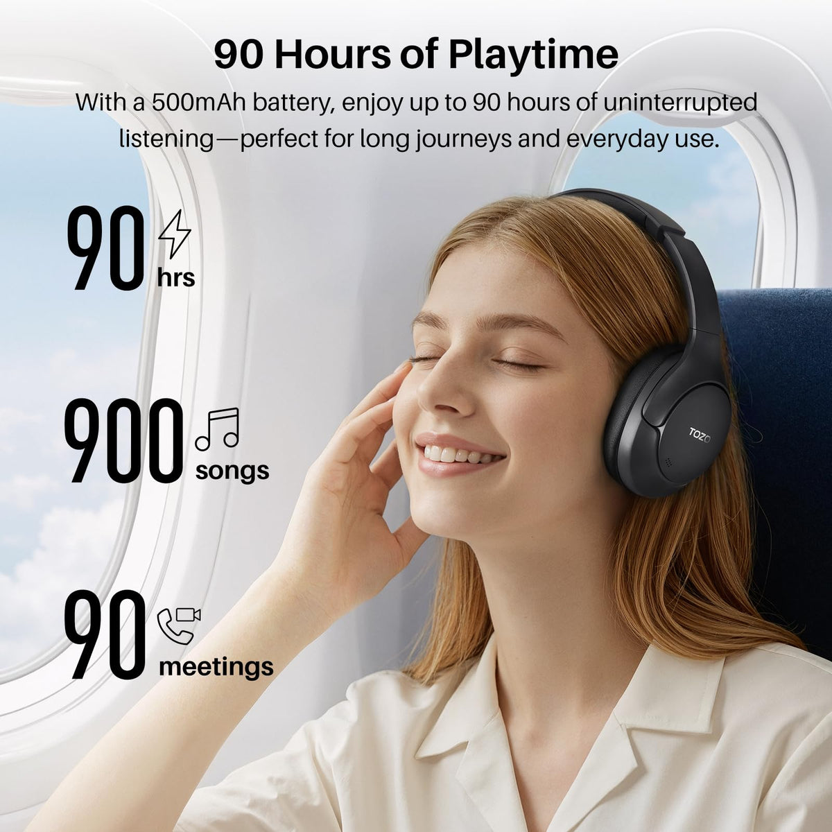 TOZO HT3 Hybrid Noise Cancelling Headphones, 90H Battery Life Wireless Over Ear Bluetooth 6.0 Foldable Headset, AI Voice Assistant with 5 Mics, Connect 2 Devices and Hi-Res Sound, 32 EQ Audio Presets