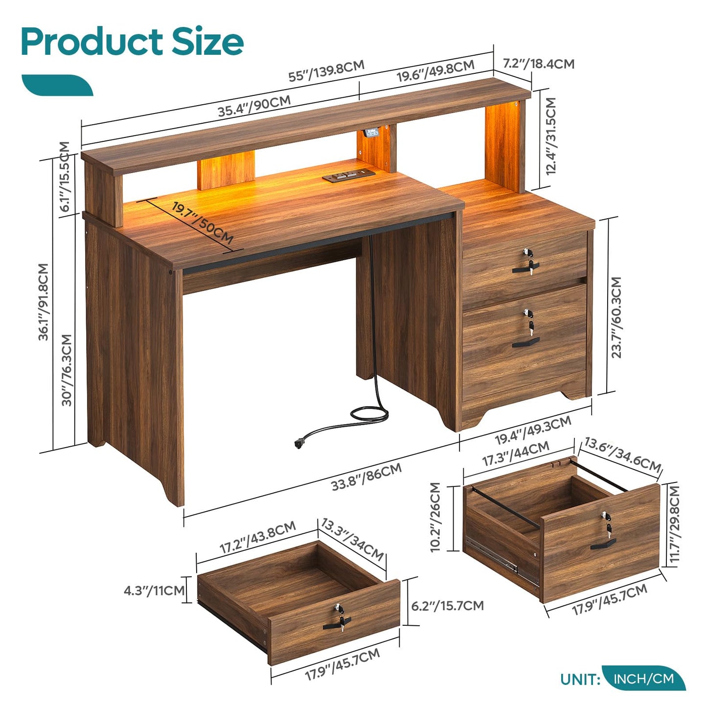 Bestier 55 Inch Wood Computer Desk with Lockable File Drawer, Charging Station & LED Lights - Home Office Desk with Storage Shelves, Printer Shelf & Monitor Stand, Wooden Desk for Study & Work, Walnut