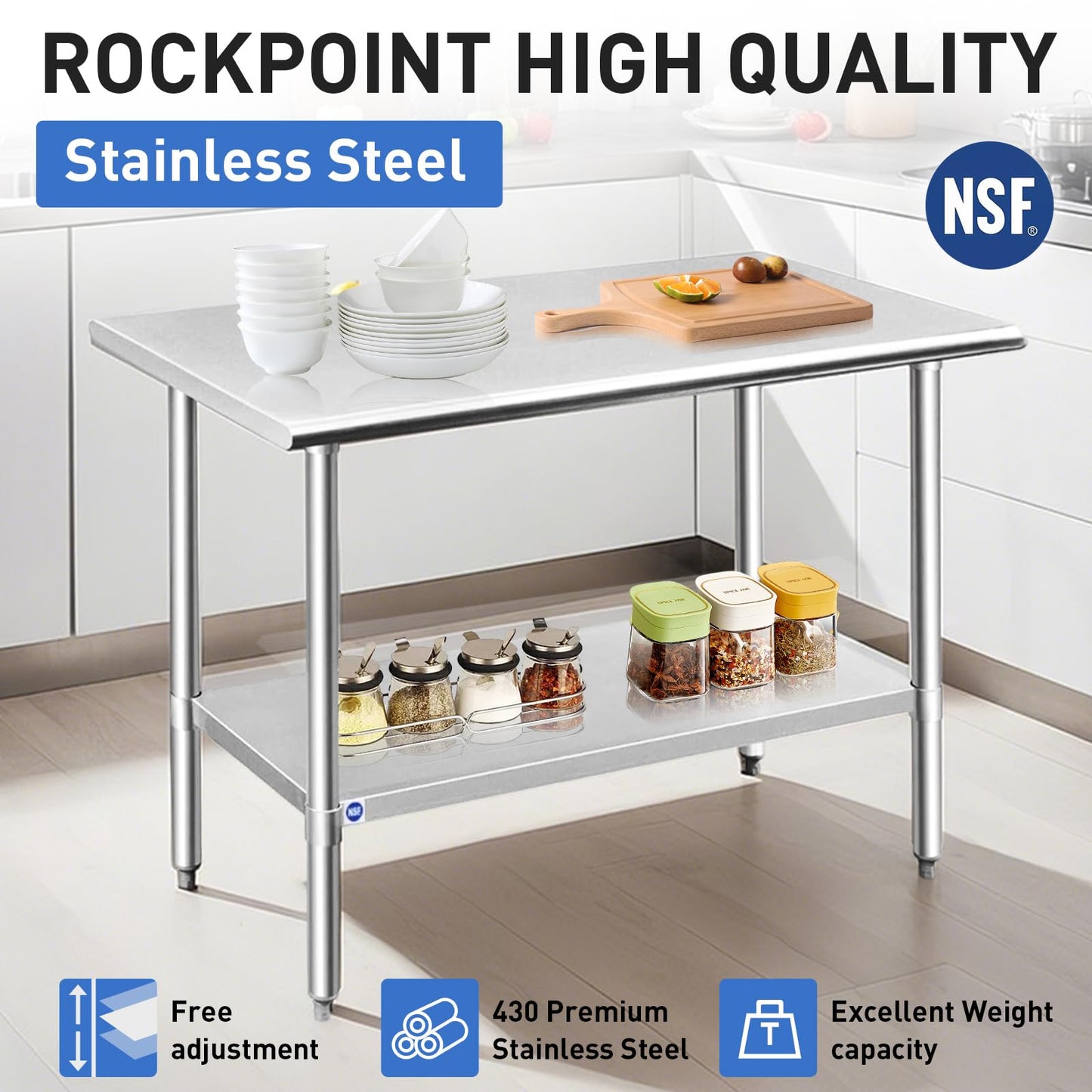 ROCKPOINT Stainless Steel Table for Prep & Work 24x24 Inches, NSF Metal Commercial Kitchen Table with Adjustable Under Shelf and Table Foot for Restaurant, Home and Hotel