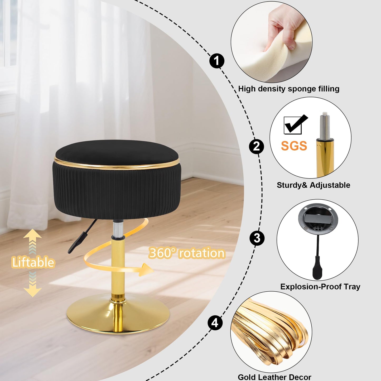 MRITWAII Adjustable Vanity Stool with Storage, 360° Swivel Makeup Stool Chair Small Velvet Round Ottoman with Gold Base for Bedroom (Black)
