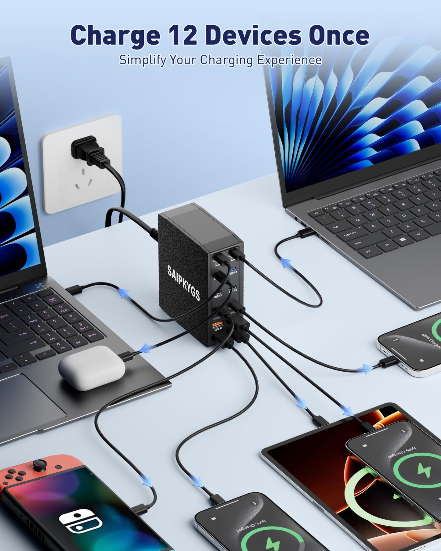 USB Charging Station (1000W),12-Port USB C Charger Block with Dual 100W PD USB-C Fast Charging Station Hub for MacBook Pro/Air/All iPad Phone 17/16 15/14/13/Pro Max/Samsung Galaxy Note (Black)