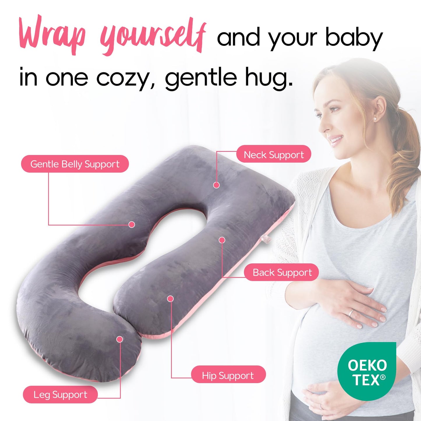 EZMOM Pregnancy Pillow for Sleeping, Soft 57“ Full Body Maternity Pillow, U Shaped with Removable Washable Cover, Support for Back, Belly, Leg, Hip, Neck & Shoulder (Pink & Grey)