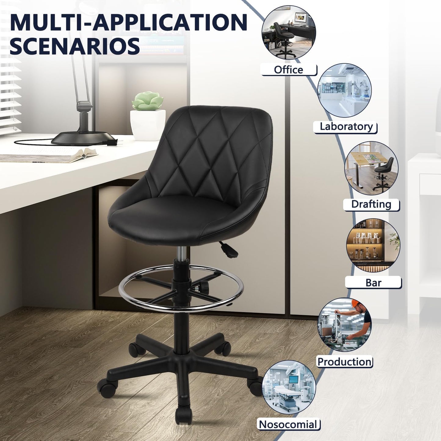 KLASIKA Drafting Chair with Back, Leather Rolling Swivel Stool with Adjustable Height and Footrest, Ergonomic Tall Standing Desk Office Chairs with Wheels for Home Work Shop Kitchen Bar, 1PK