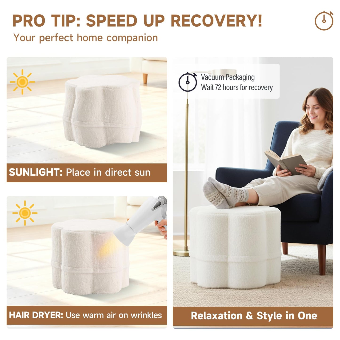 Tiita Floral Pouf Ottoman, Foot Stools Ottoman with Foam Chunk Filling, Puff Foot Rest for Couch, Living Room, Kids Room, Cream