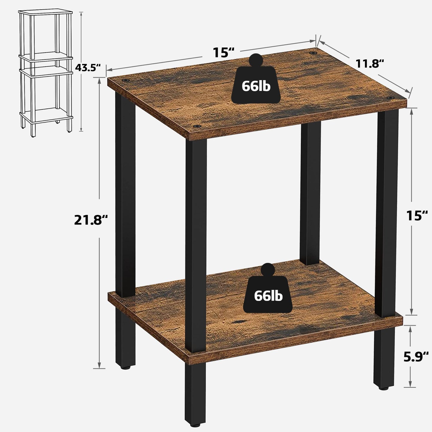 TUTOTAK End Table, Side Table, Nightstand, 2-Tier Storage Shelf, Sofa Side Table for Small Space, Living Room, Bed Room Brown and Black TB01BB034