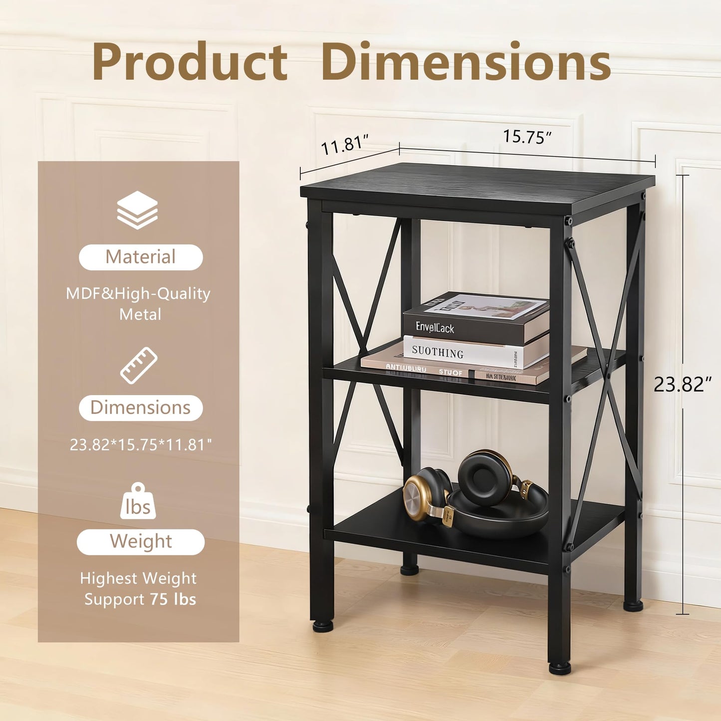 VECELO End Table Set of 2, Bedside Table, 24" Tall Living Room End Tables, X-Design Reinforced Nightstands, Side Table with 3-Tier Storage Shelves for Small Spaces, Office, Bedroom, Classic Black