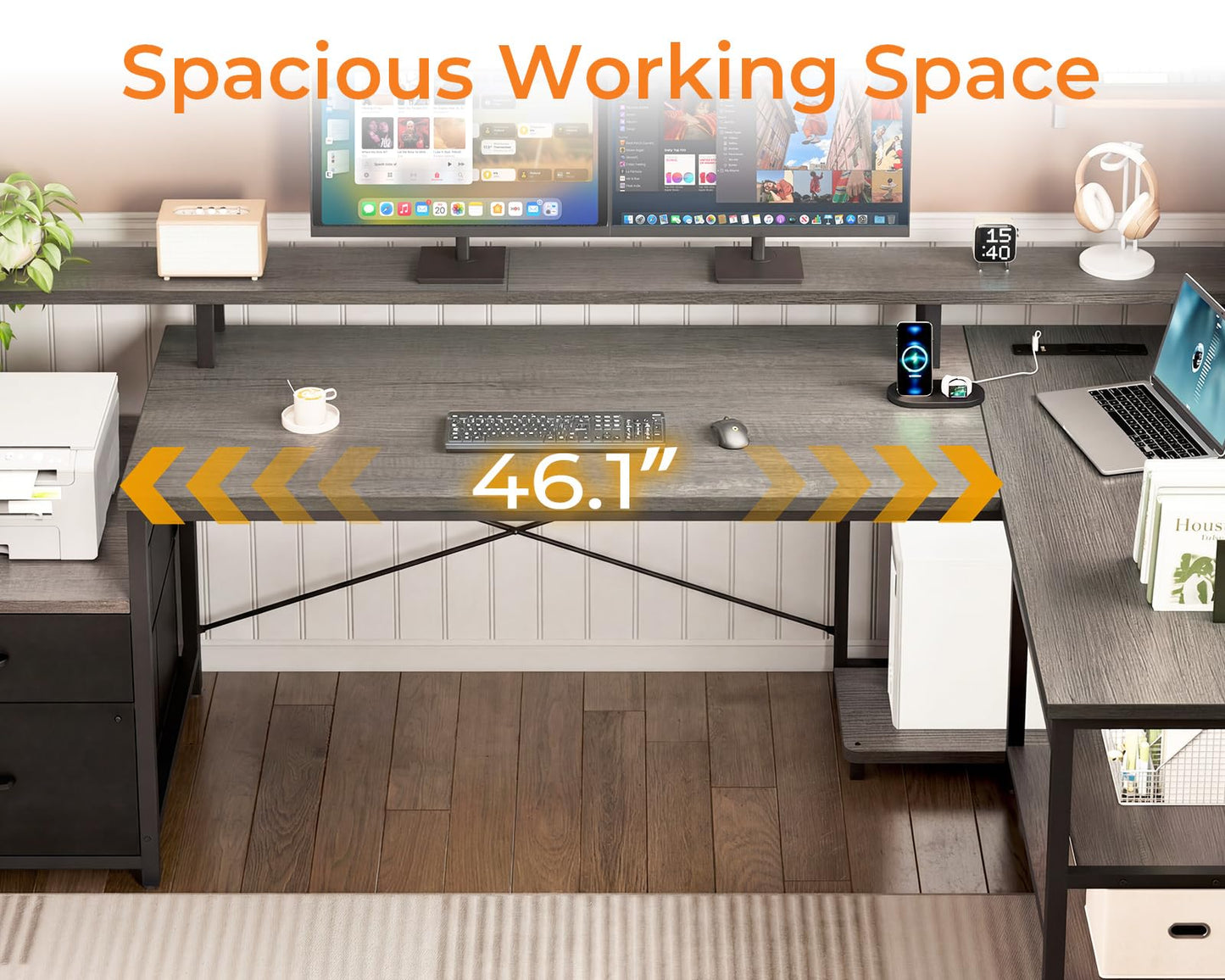 ODK 75" L Shaped Desk with File Drawers, Work from Home Office Desk with Power Outlet, Reversible Computer Desk with Storage Shelves, Gaming Desk with Monitor Shelf, Corner WFM Table, Grey Oak