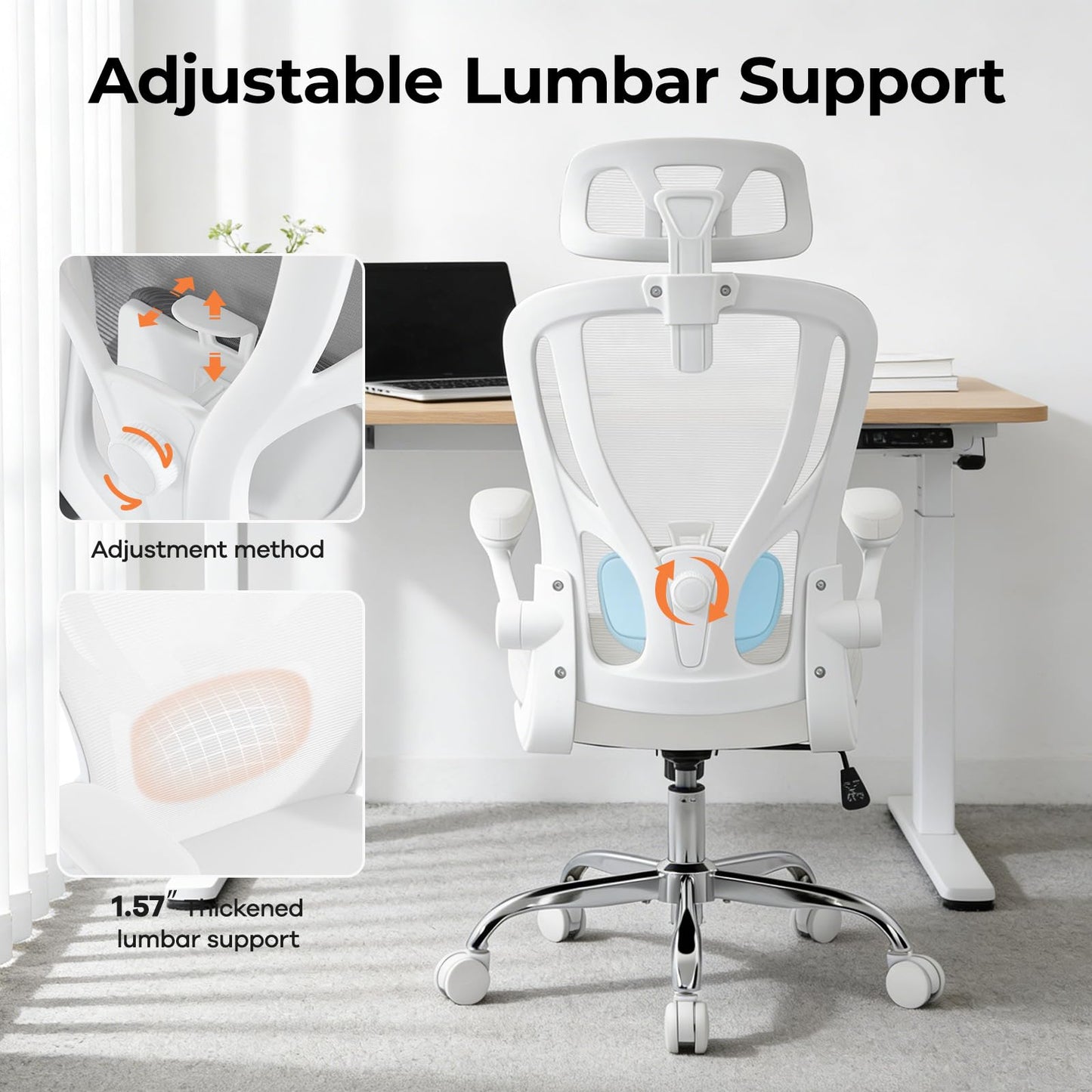shipborne Office Chair Ergonomic Office Chair with Lumbar Support, Head Support, Rocking Function, FLIP-up Armrests, Mesh High Back Chair Home Office Desk Chair, Suitable for Home, Office, White
