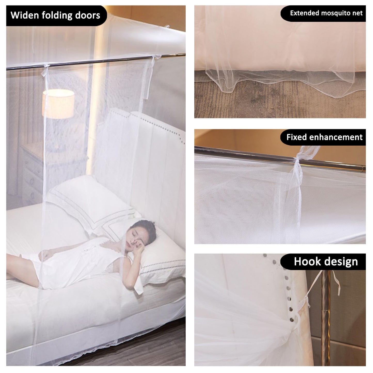 Niemro White Mosquito Net Tent for Bed，One Side Opening Canopy Netting Curtain Net for Bedroom Decoration for Queen Size（Without Bed Frame）