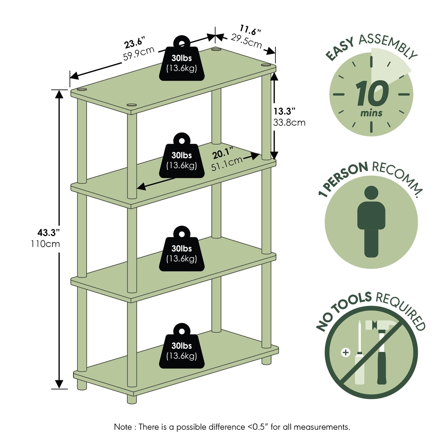 Furinno Turn-N-Tube 4-Tier Multipurpose Shelf Display Rack, Round Tubes, Blonde Maple/White