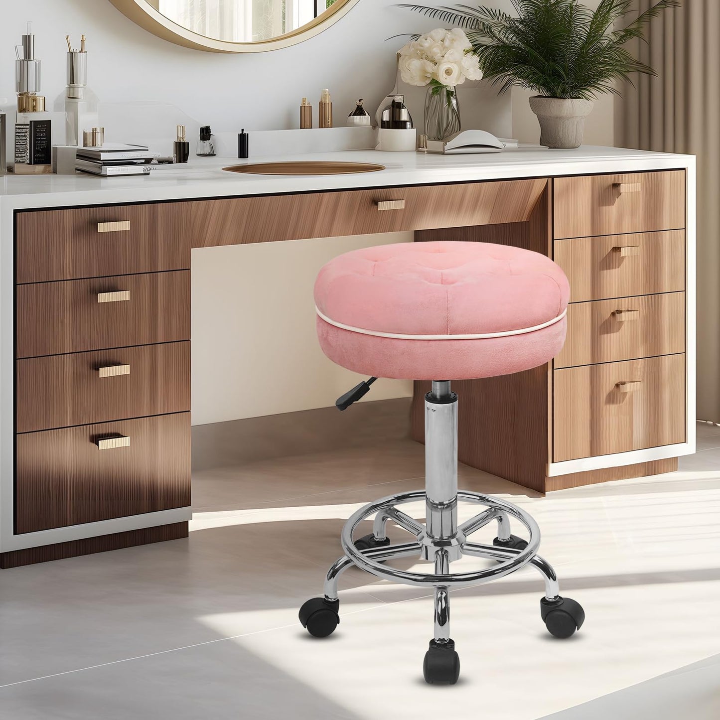 KLASIKA Velet Rolling Bar Stool with Wheels, Tall Drafting Stool with Adjustable Height and Footrest, Multi-Purpose Office Desk Chair for Home Kitchen Shop Work, Pink (1PK)