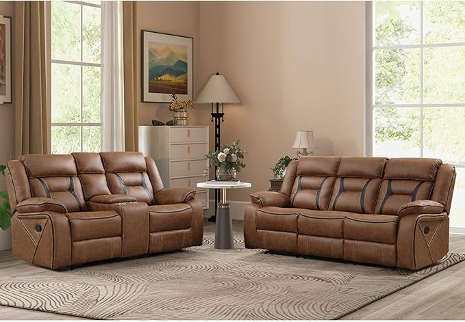 EBELLO Manual Recliner Sofa Set, Faux Leather Reclining Living Room Furniture