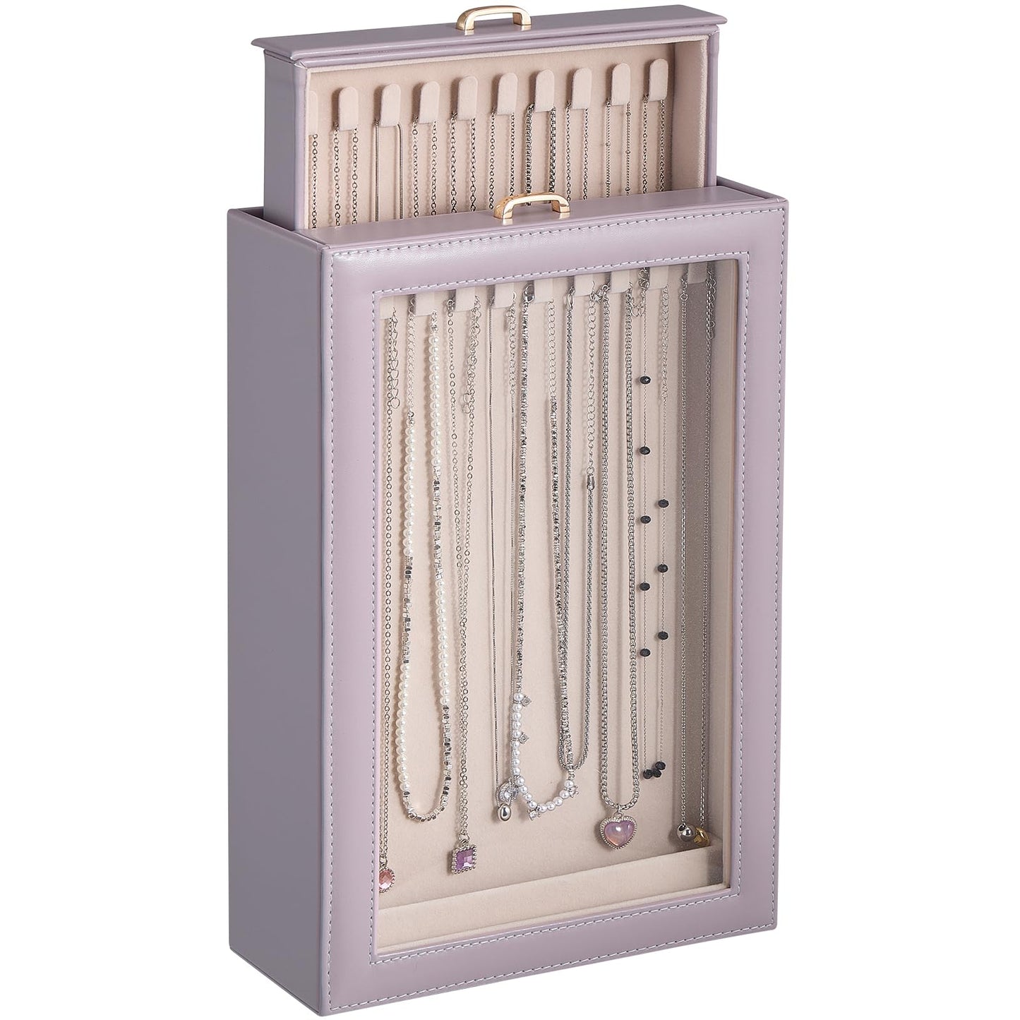 Lolalet Necklace Organizer Box, Jewelry Storage Box with Clear Window for Necklaces Bracelets, Tangle-Free Necklace Display Case for Women Girls, Dusty Purple, 2 Layers 20 Hooks