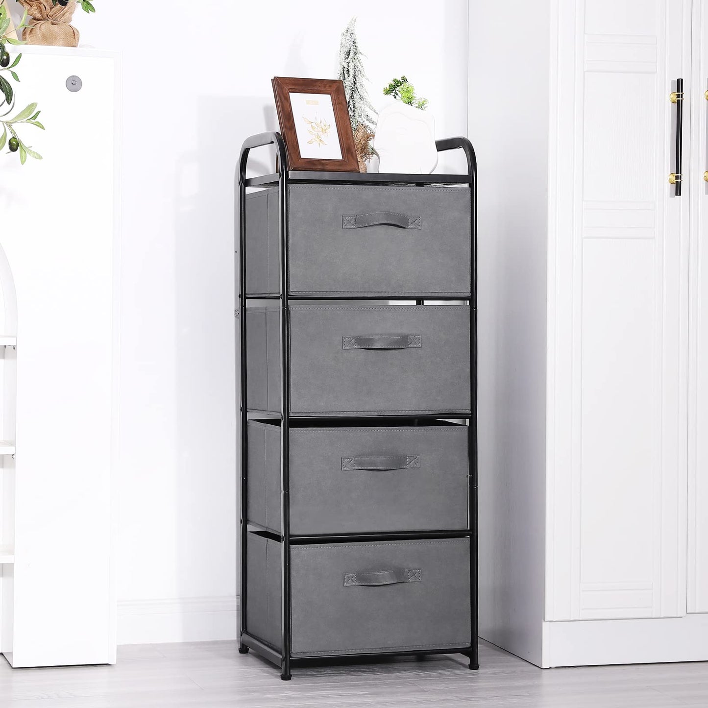 MAX Houser 4 Drawer Fabric Dresser Tall Storage Tower, Dresser Chest with Wood Top, Vertical Nightstand Side Organizer Unit with Metal Frame for Closets Bedroom Nursery Room Hallway(Leaden)