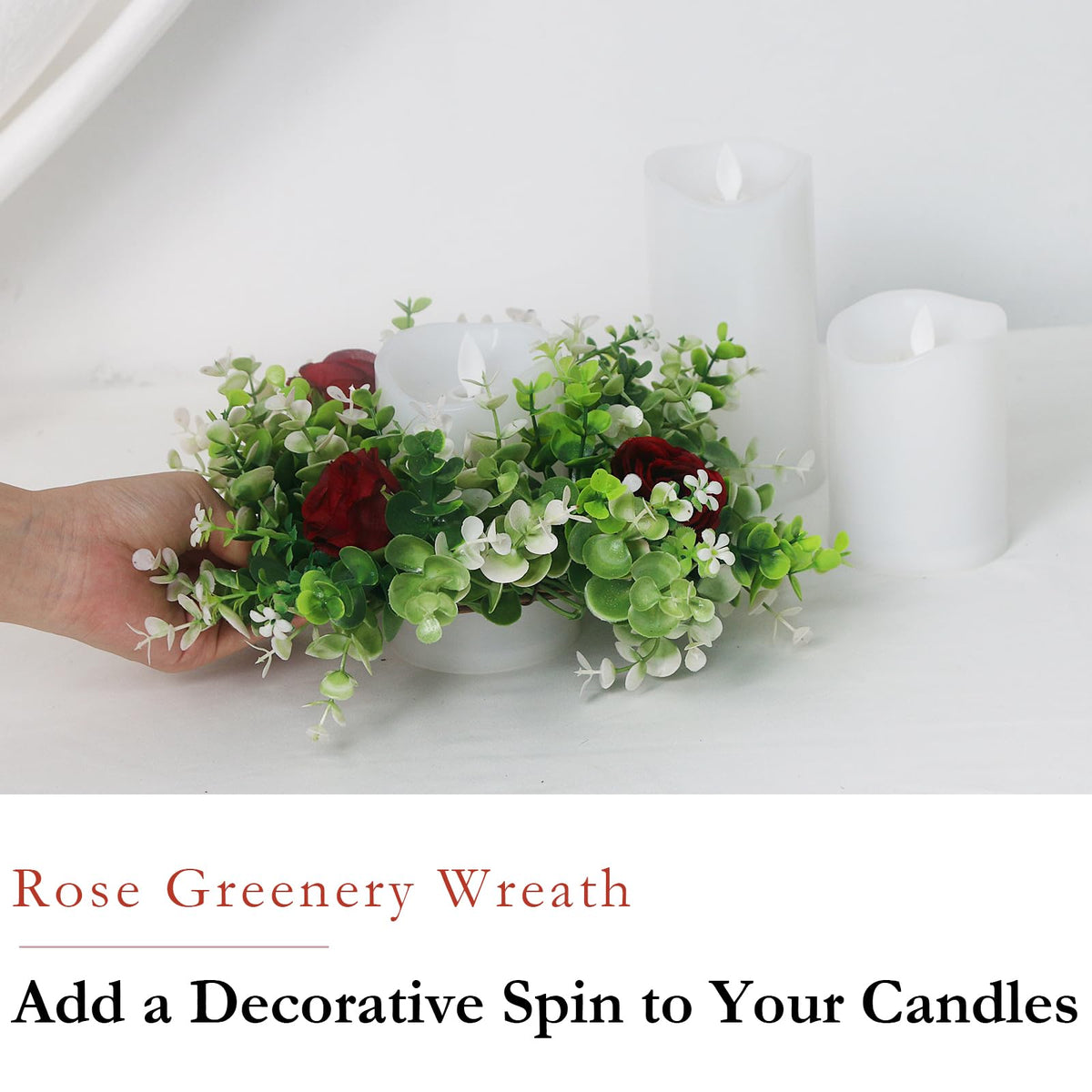 Acmee 4 Pcs Rose Floral Candle Rings Artificial Burgundy Flowers Wreaths with Green Eucalyptus Leaves Rose Candle Rings for Pillar Wedding Farmhouse Centerpiece Home Decor