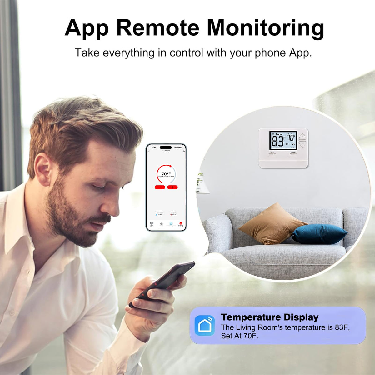 Heagstat WiFi Thermostats for Home Single-Stage 1Heat/ 1Cool, APP Remote Control, 7-Day or 0-Day Programmable. (C-Wire Required)