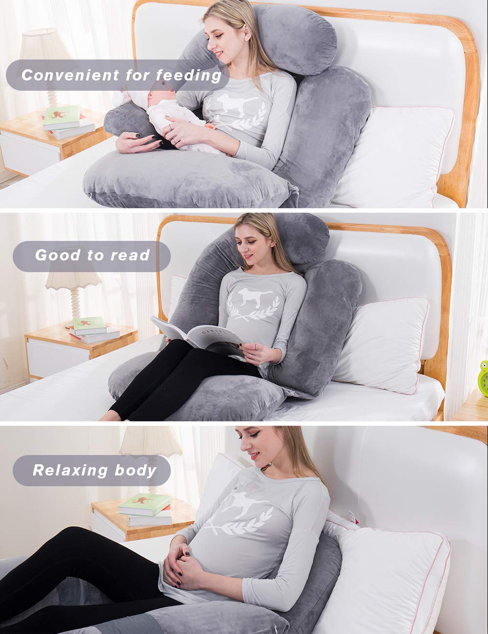 AS AWESLING 60in Full Body Pillow | Nursing, Maternity and Pregnancy Body Pillow | Extra Large U Shape Pillow and Lounger with Detachable Side, Separate Support Pillow and Removable Cover (Grey)