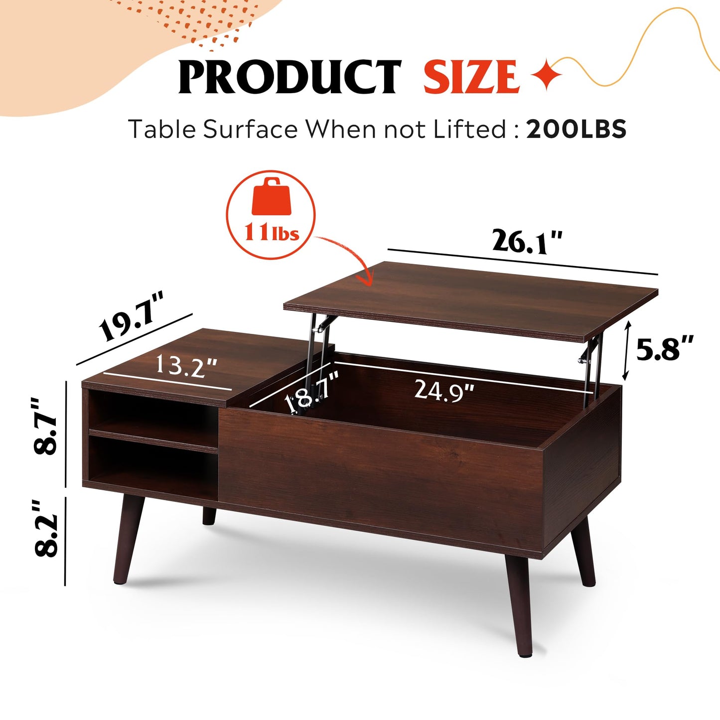 WLIVE Lift Top Coffee Table for Living Room,Small Coffee Table with Storage,Hidden Compartment and Adjustable Shelf,Mid Century Modern, Wood,Cherry,Espresso.