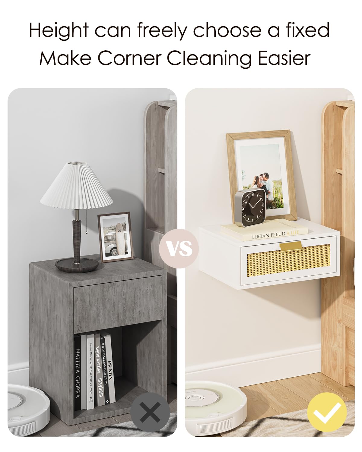 Aienvey Floating Nightstand, Floating Shelf with Drawer, Wall Mounted Nightstand, Floating Bedside Table (White Rattan)
