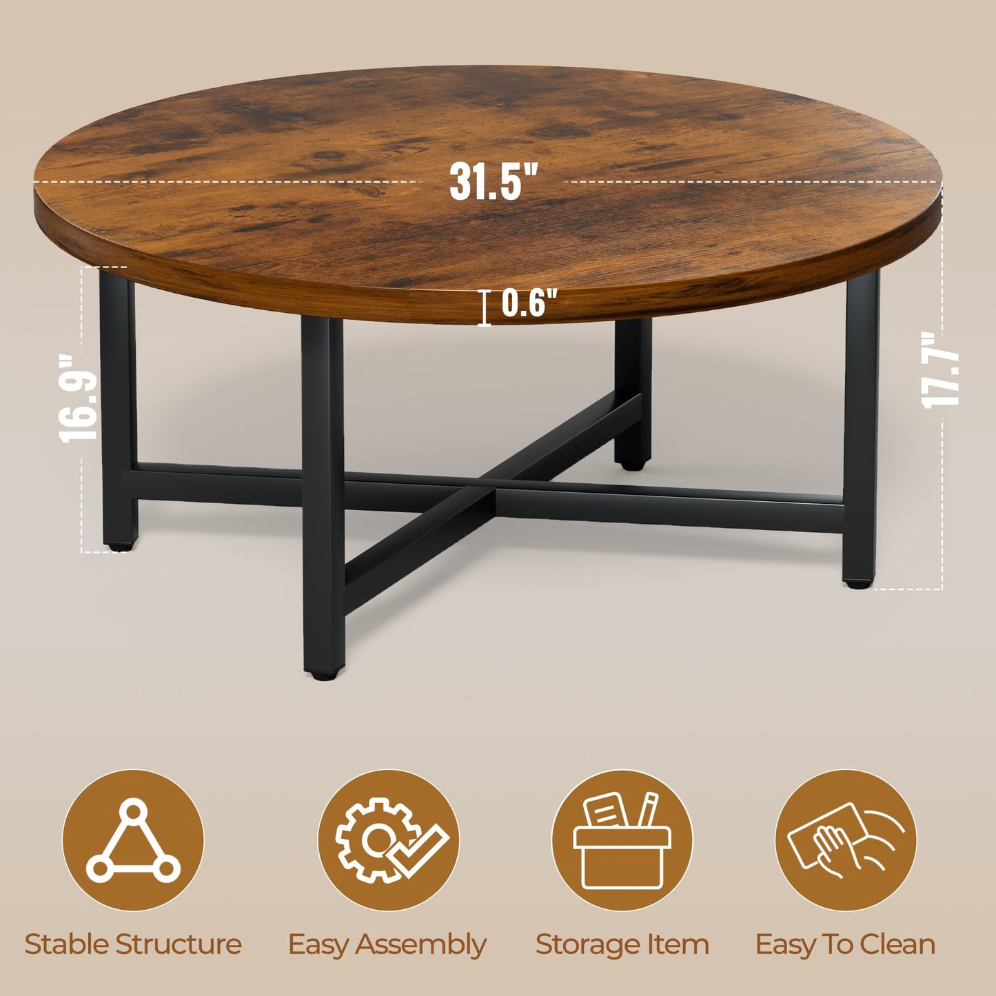 FURMORENE Coffee Table, 31.5" Large Coffee Tables, Brown Round Coffee Tables for Living Room, Floor Table for Sitting on The Floor, Center Coffee Table with Metal Frame for Office Apartment Home