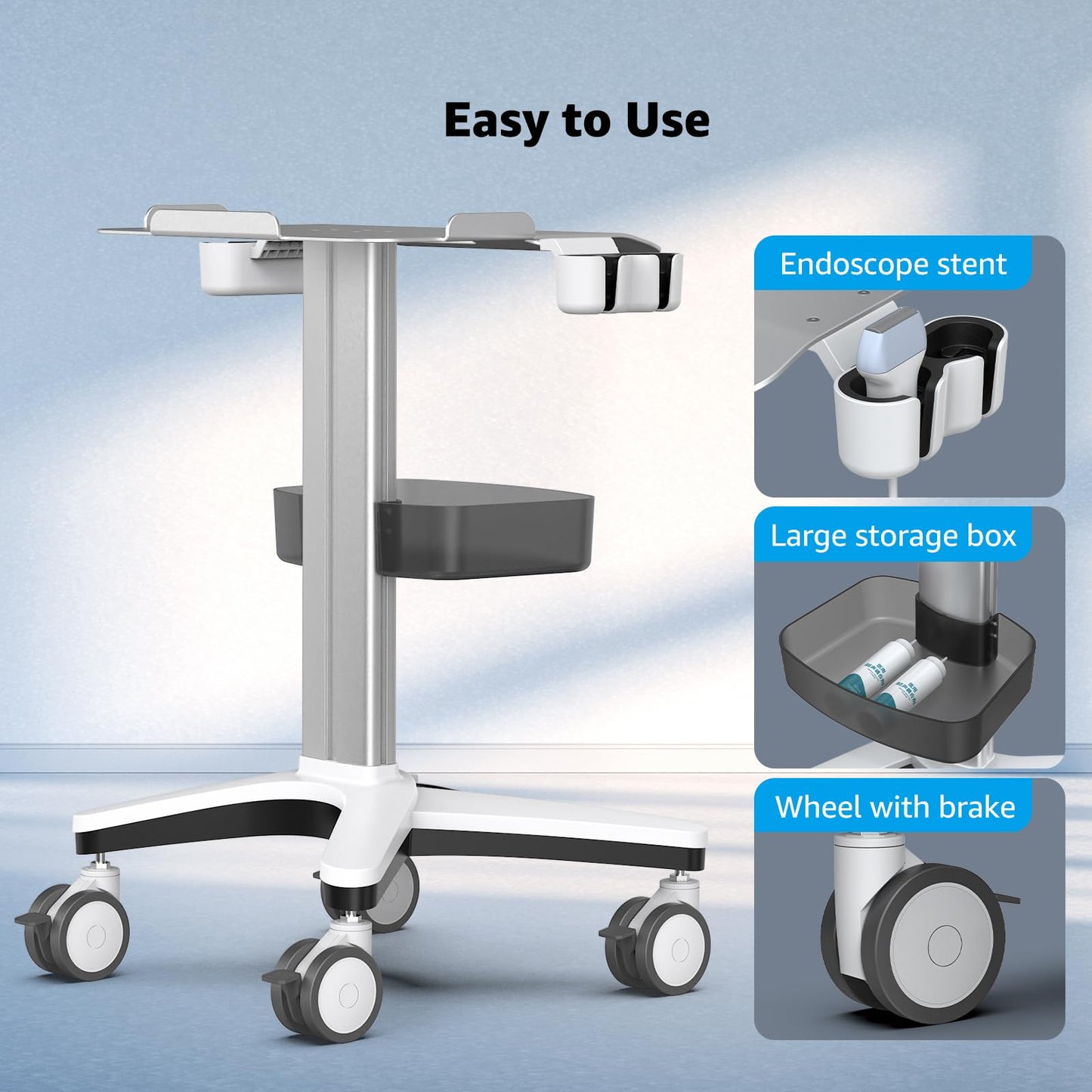 BEWISER Medical Trolley Laptop Cart with Oral Scanner Holder, Mobile Workstation on Lockable Wheels, Ultrasound Scanner Storage Cart for Hospital Dental Clinic, Salon and Labs