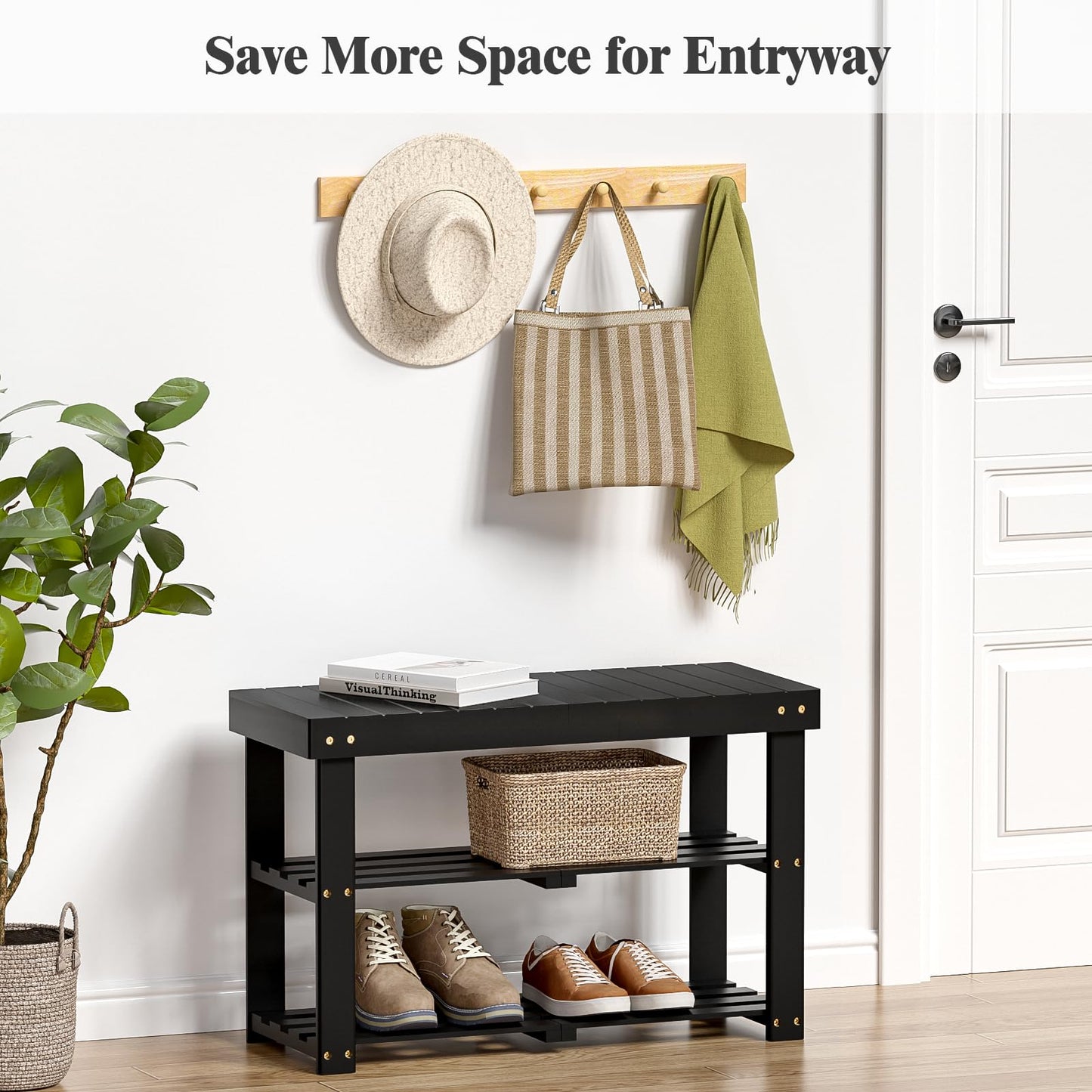 BAMBUROBA Bamboo Shoe Rack Bench, 3-Tier Entryway Bench, Small Shoes Storage Organizer Holds Up to 300lbs, 27.5 x 11 x 16.9 Inches, for Front Door, Hallway, Living Room, Bedroom,Black