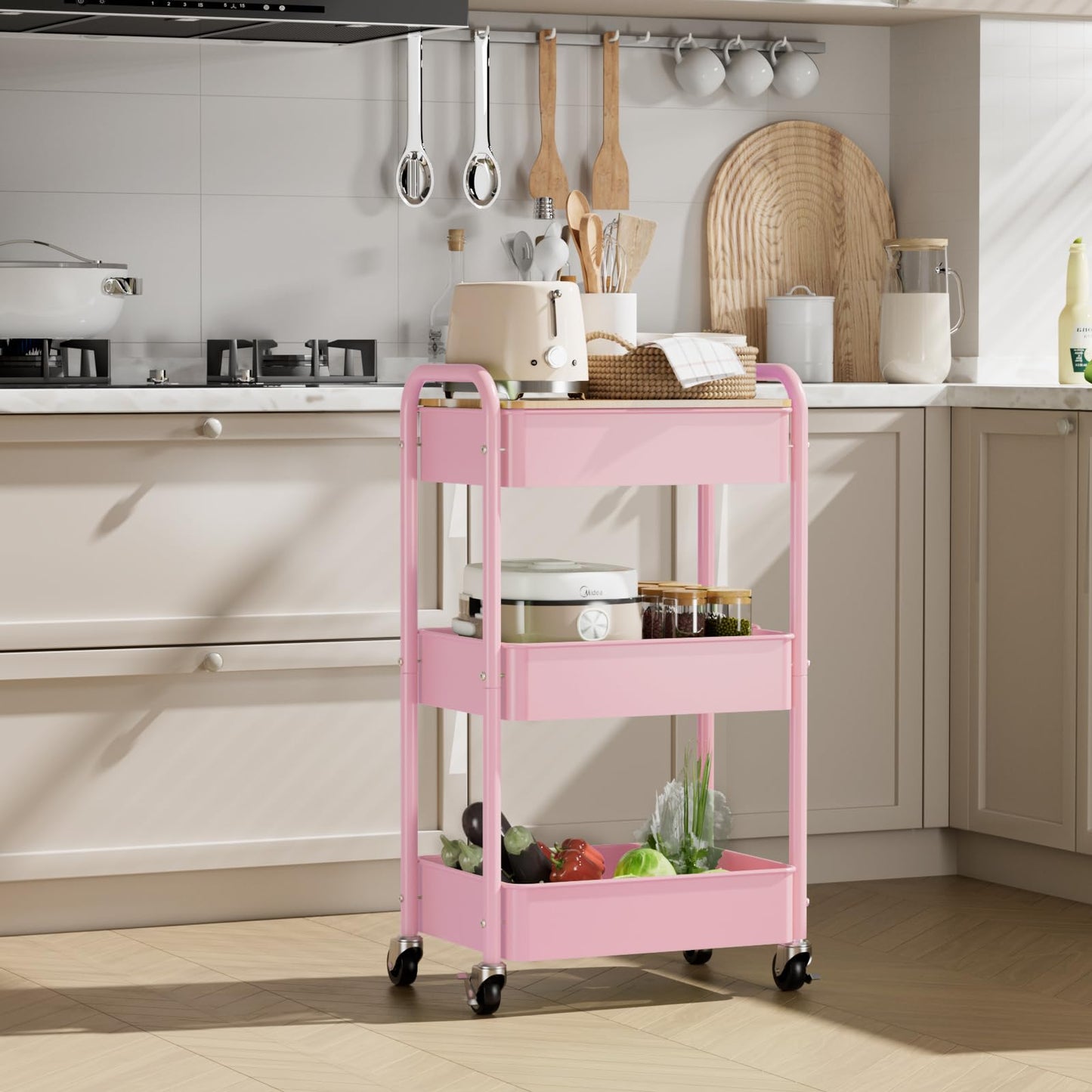 3 Tier Rolling Cart with Table top, Metal Rolling Utility Cart, Sturdy Storage Organizer Cart with Locking Wheels & Hooks for Office, Classroom, Kitchen and Bathroom，Pink