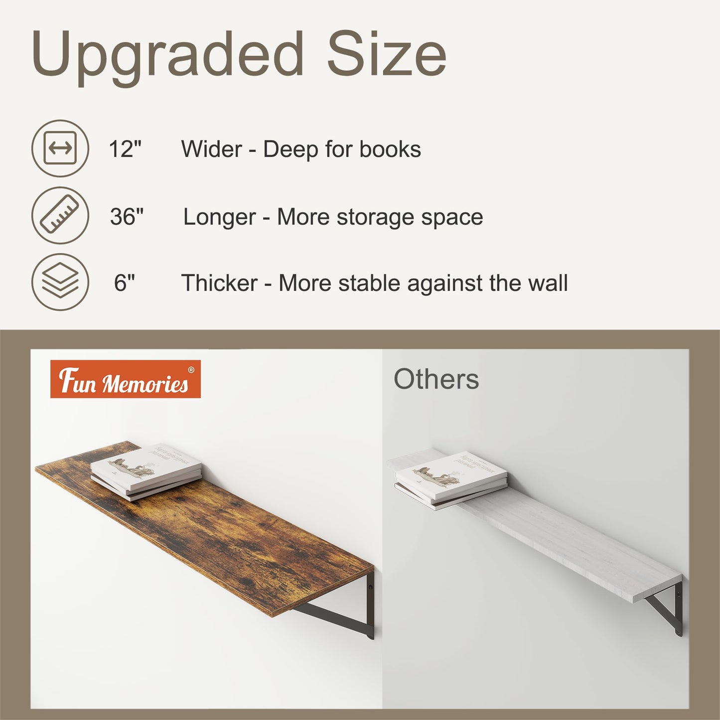 36"W x 12"D Floating Shelves, Deep Floating Shelves with Brackets, 12 Inch Deep Wall Shelves for Books, Wide Display Storage Shelves for Bathroom, Living Room, 36 Inch Long, Rustic Brown, Set of 2