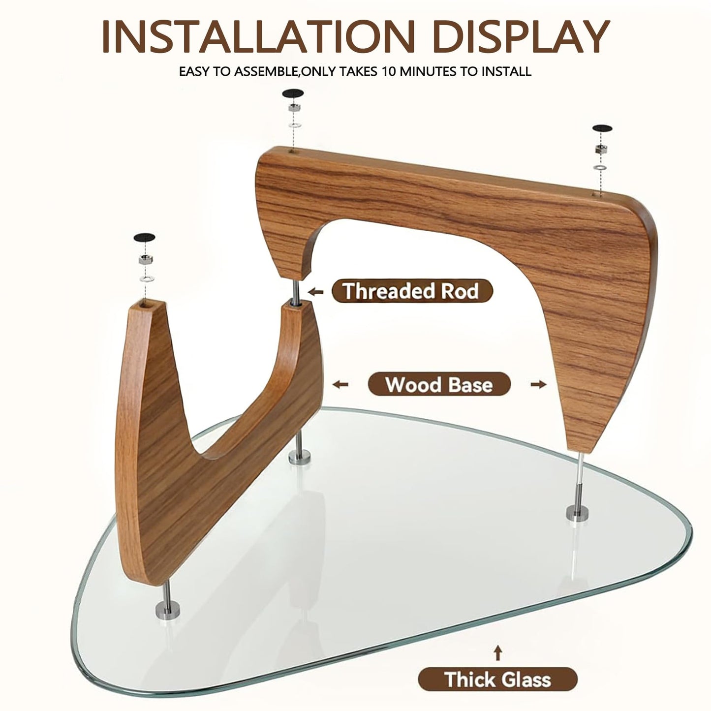 Coffee Table for Living Room, Small Coffee Table with Triangle Tempered Glass Top & Wood Legs, Modern Oval Abstract Dining Center Tables for Home Office Industrial Cocktail Tables 111