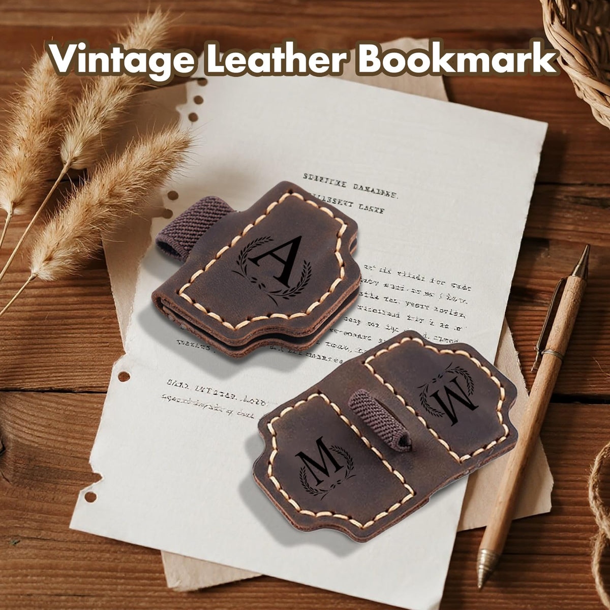 Custom Bygone Mark Bookmark with Pen Holder, 26 Letters Name Initial Personalized Magnetic Leather Bookmark, Gifts for Book Lovers, Readers, Travelers, Leather Book Marks (Purple, I)
