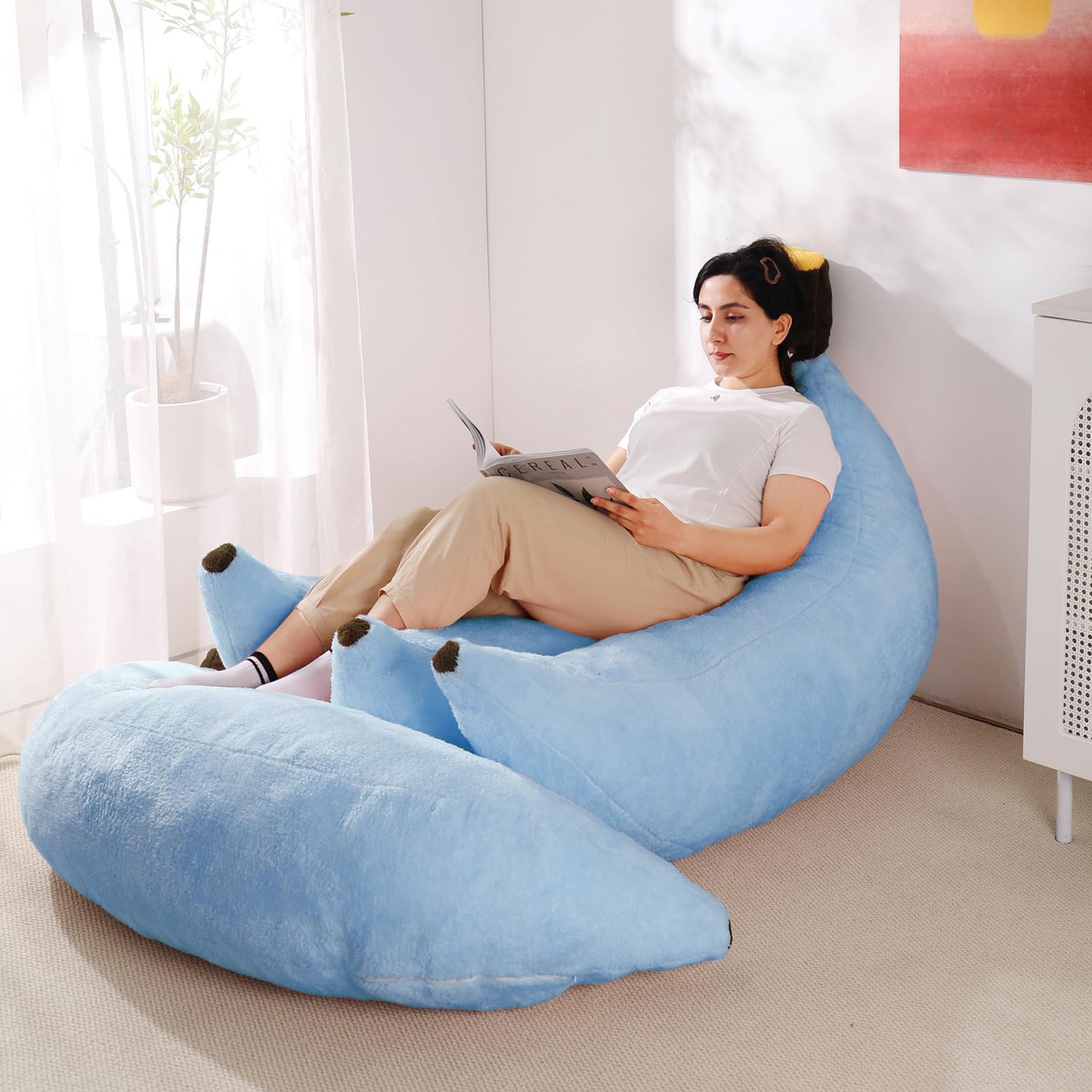 IEVENW Banana Bean Bag Chair with Ottoman, Floor Sofa Bed with Footrest, Comfy Convertible Lounger for Adults, Plush Couch for Bedroom, Living Room or Dorm, L-SkyBlue
