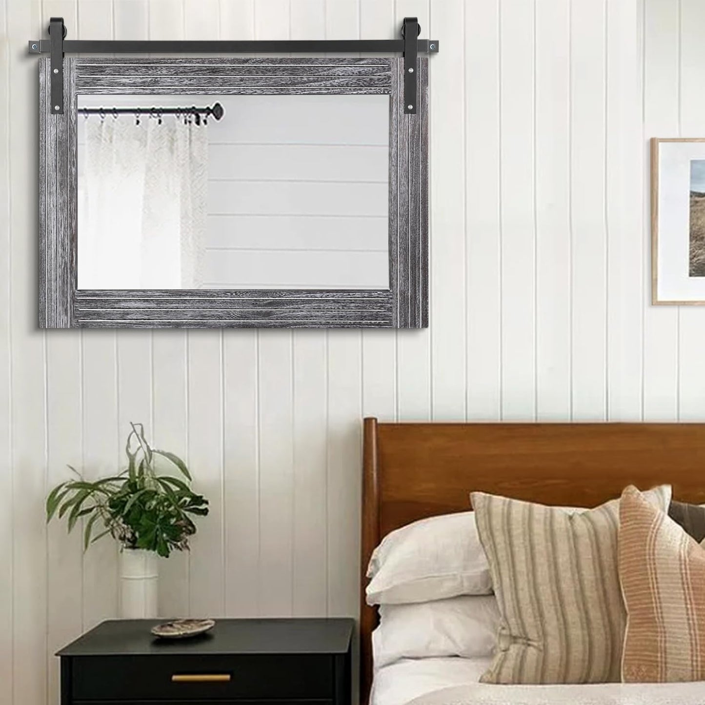 AAZZKANG Rustic Wall Mirror with Wood Framed Barn Door Mirror Rectangular Bathroom Mirror 18"x26" Bedroom Living Room Entrance Vanity Mirror Horizontal