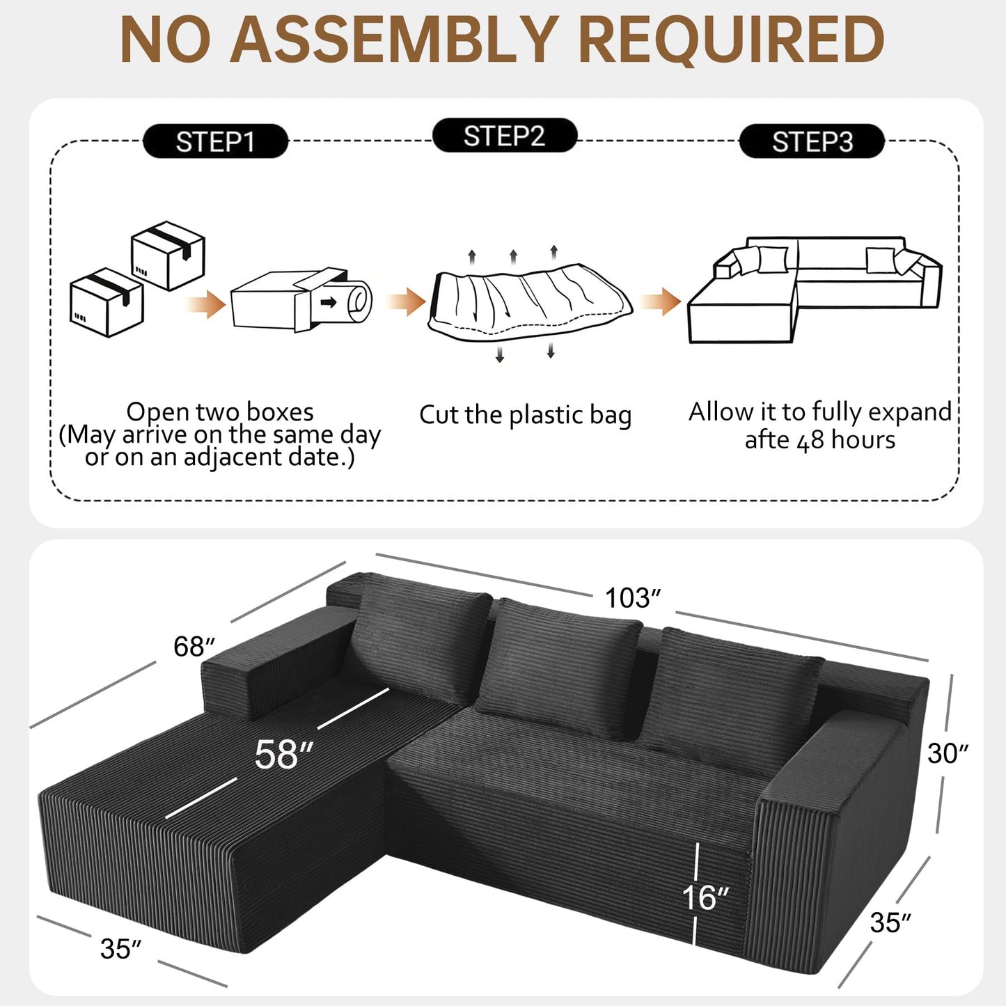 Nigoone 103" Boneless Corduroy Sectional Couch with Left Chaise, Modular L Shaped Couches for Living Room, Large Minimalist Modern Deep Seat Floor Sofa Set, No Assembly