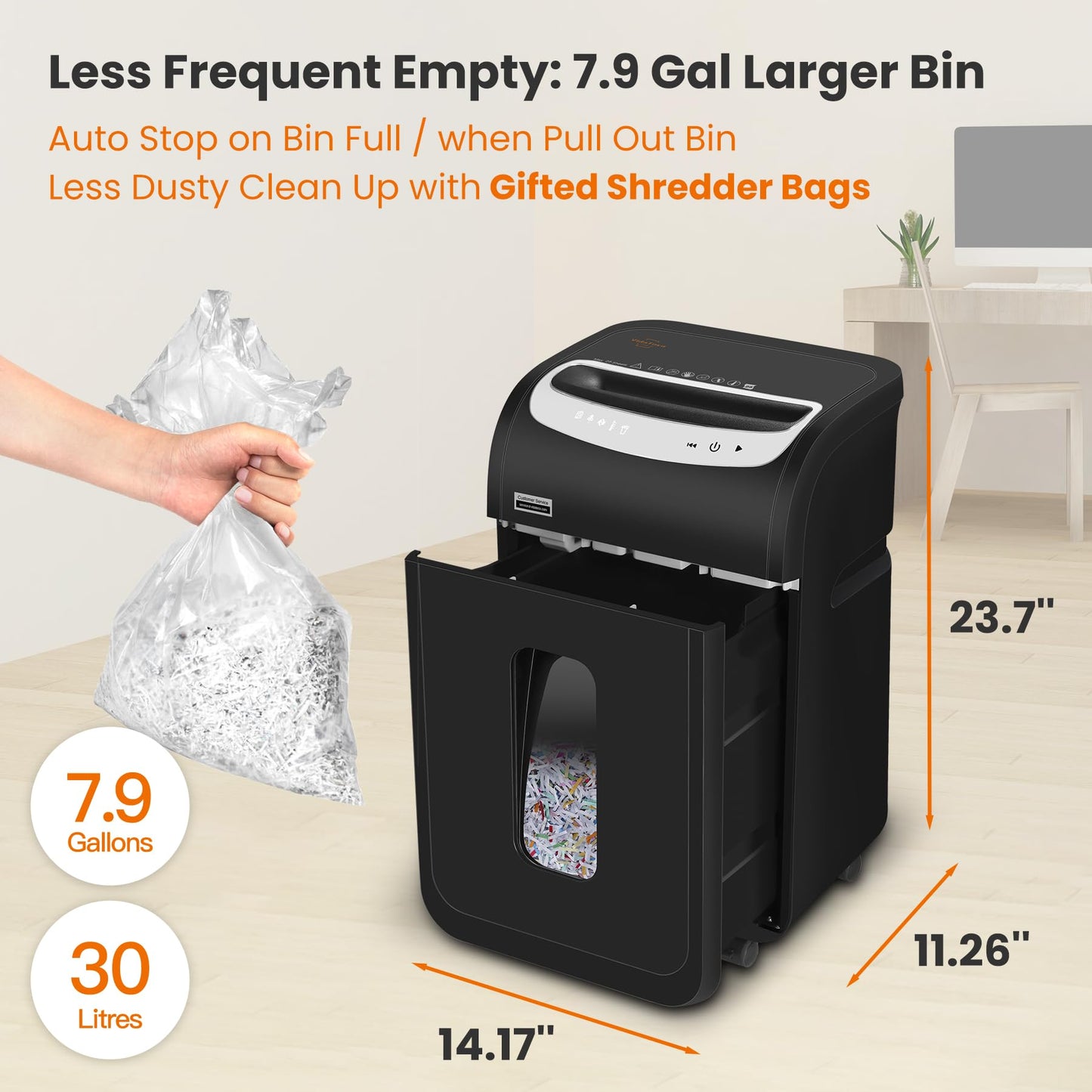 VidaTeco 25-Sheet Heavy Duty Paper Shredder for Office, 40-Minute Continuous Run P-4 Cross Cut Commercial Grade Shredder, Auto-Reverse Anti-Jam, Shreds Staple/CD/Credit/Card, 7.9-Gallon Basket, ETL
