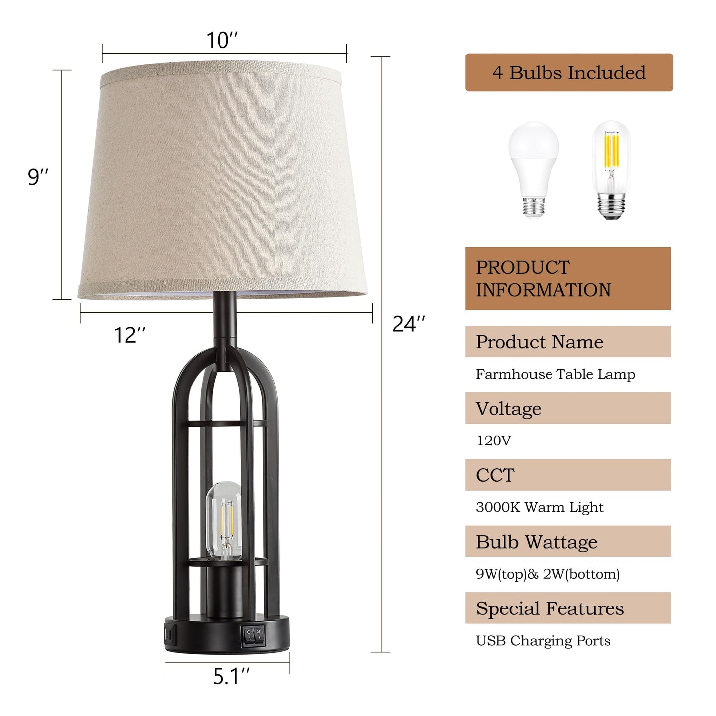 SRJJA Black Table Lamps for Living Room Set of 2 - Farmhouse Lamps for Night Stands with USB A+C, Bedside Lamps for Bedroom, 24'' Industrial Lamp for Living Room End Tables