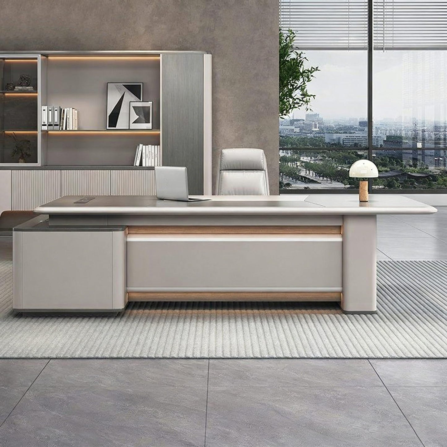 LSIGHTUS Gray L Shaped Executive Office Desk with Cabinet, Modern Large Home Computer Desk with Thickened Tabletop and Cable Management Box Study Gaming Table Business Furniture for CEO, Boss