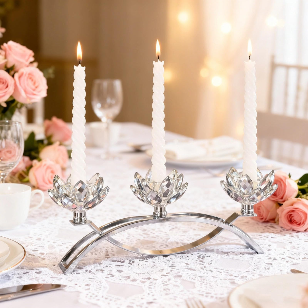 Crystal Lotus Candle Holders, Silver Table Centerpiece 11.4 in, 3-Head Lotus Candlestick with Glass Petals, Elegant Nickel-Plated Metal for Home Decor, Wedding, Dining
