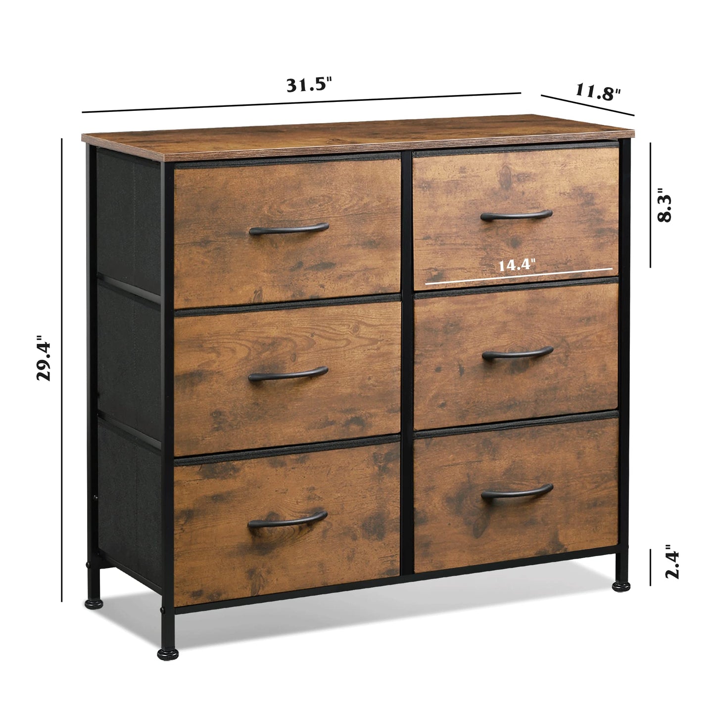 WLIVE Dresser for Bedroom with 6 Drawers, Closet Dresser with Metal Frame, Wooden Top, Fabric Dresser for Closet, Living Room, Hallway, Rustic Brown Wood Grain Print