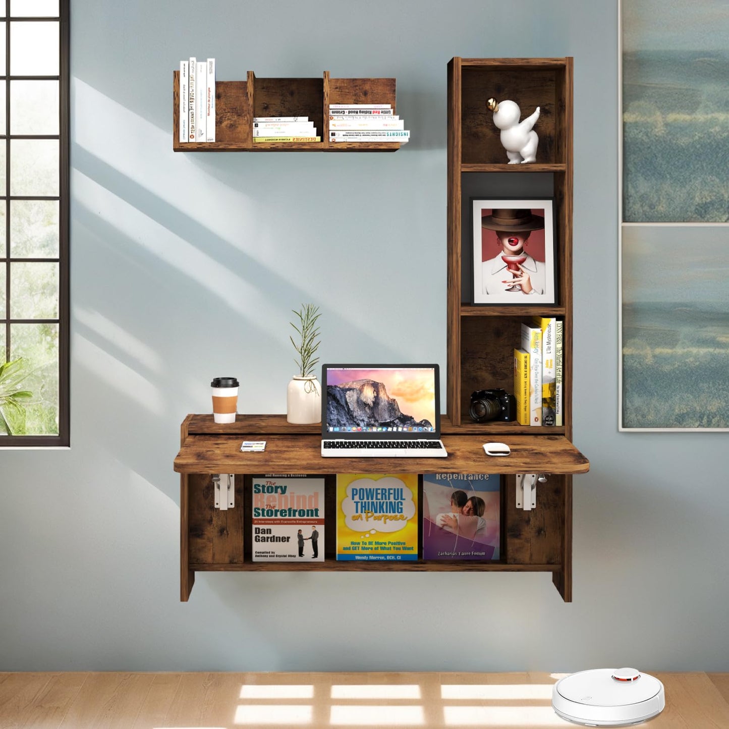 TuckTect Folding Wall Mounted Drop Leaf Table, Foldable Desk with Moveable Cabinets, Floating Laptop with Convertible Storage Shelves, Multifunctional Computer Workstation in Home for Space Saving