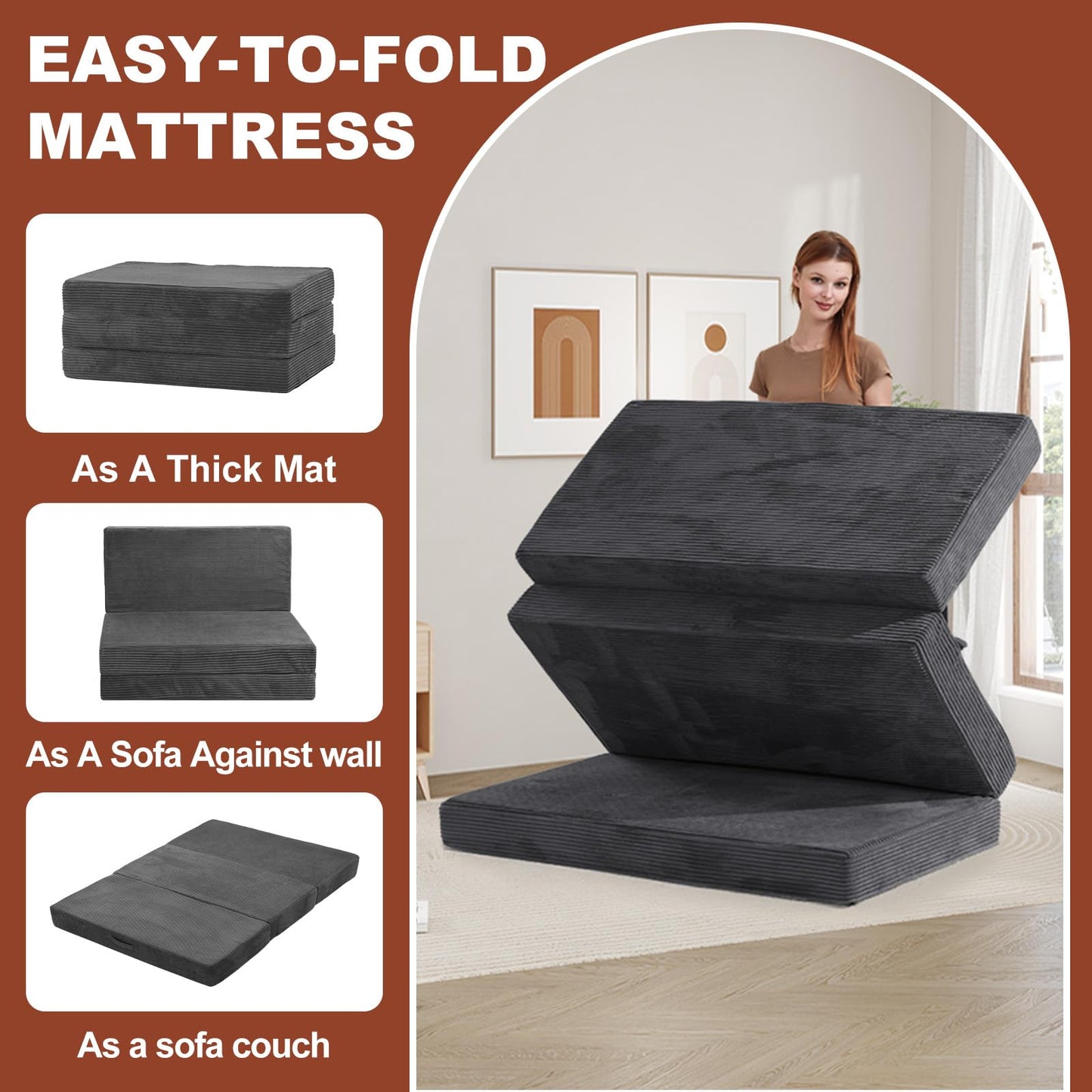 6-Inch Tri-Fold Foldable Mattress, Folding Sofa Bed with Removable Washable Cover, Portable Futon Mattress Full Size Floor Guest Mat with Non-Slip Bottom & Carry Handles for Camping (Grey, Queen)