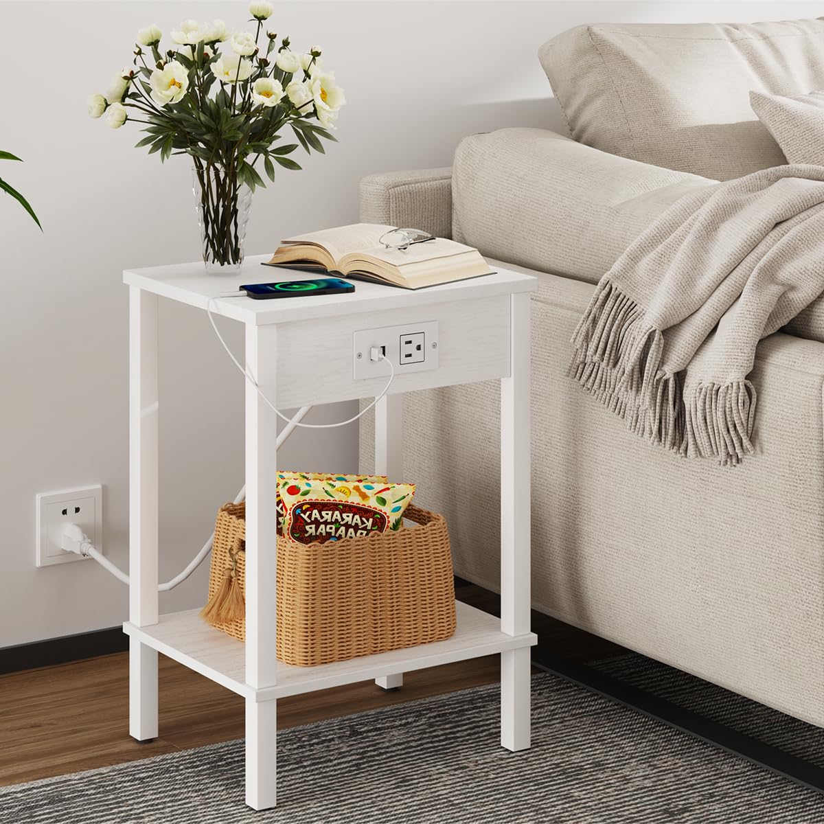 VIMBER Side Table with Charging Station, Set of 2 End Tables with USB Port and Outlets, Nightstands with 2-Tier Storage Shelves, Sofa Table for Small Space, Living Room, Bedroom, White UTBT102W2