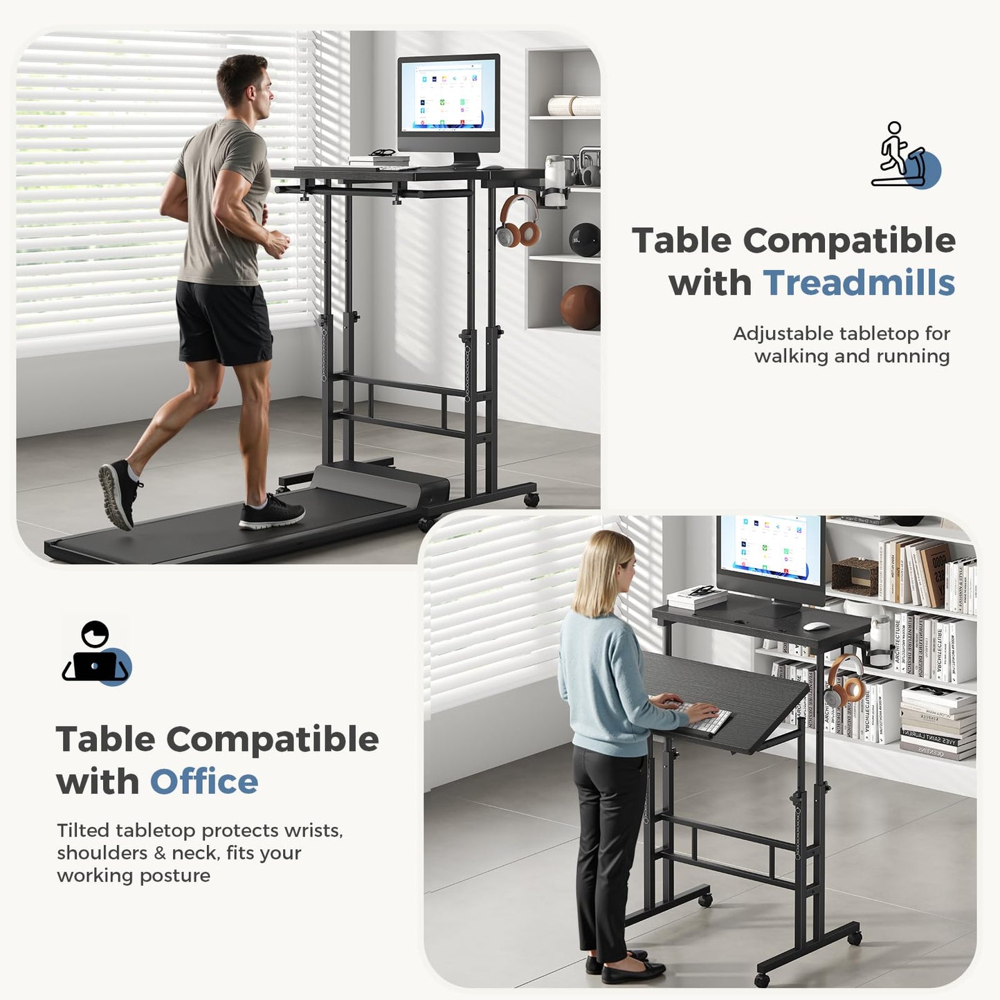 DUMOS Split Top Rolling Standing Desk 23.6 Inch Mobile Laptop Workstation Manual Height Adjustable Sit Stand Office Table Walking Pad Study Surface Portable Home Office Computer Cart Black