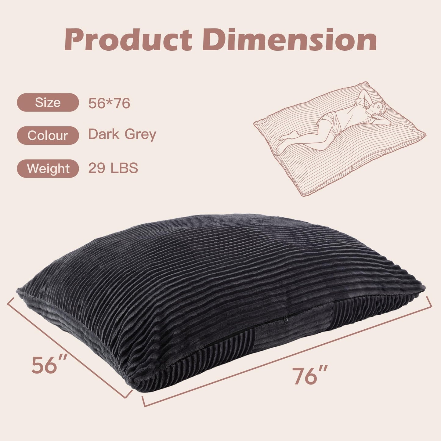 MuaMelop Bean Bag Chair, Giant Bean Bag Chair, 4 in 1 Convertible Beanbag Chairs for Adults with Removable Cover, Memory Foam Floor Cushions, Living Room, Bedroom, Dark Grey